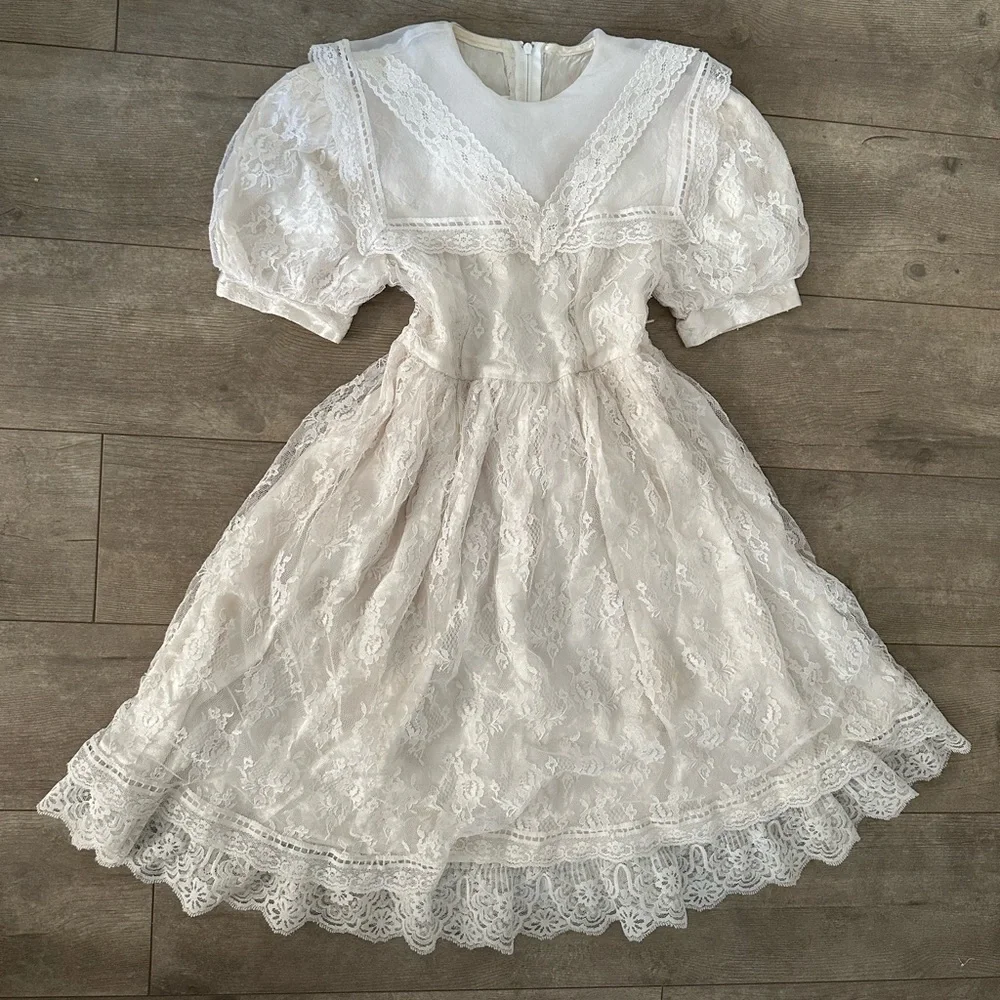 VINTAGE Gunne Sax Jessica McClintock Girls Lace Dress Size 7 Back Zip Lined